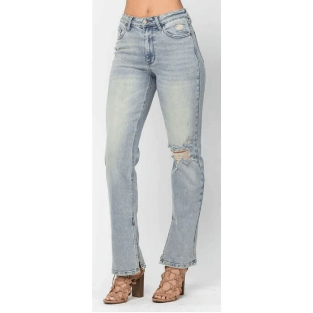 Judy Blue NWT High Rise Slit Hem Straight Leg Jeans JB88511 32” In Light Blue 7 - Picture 4 of 5